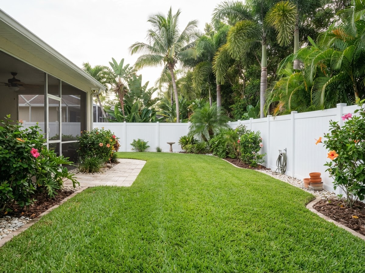 White vinyl privacy fence in a Florida backyard