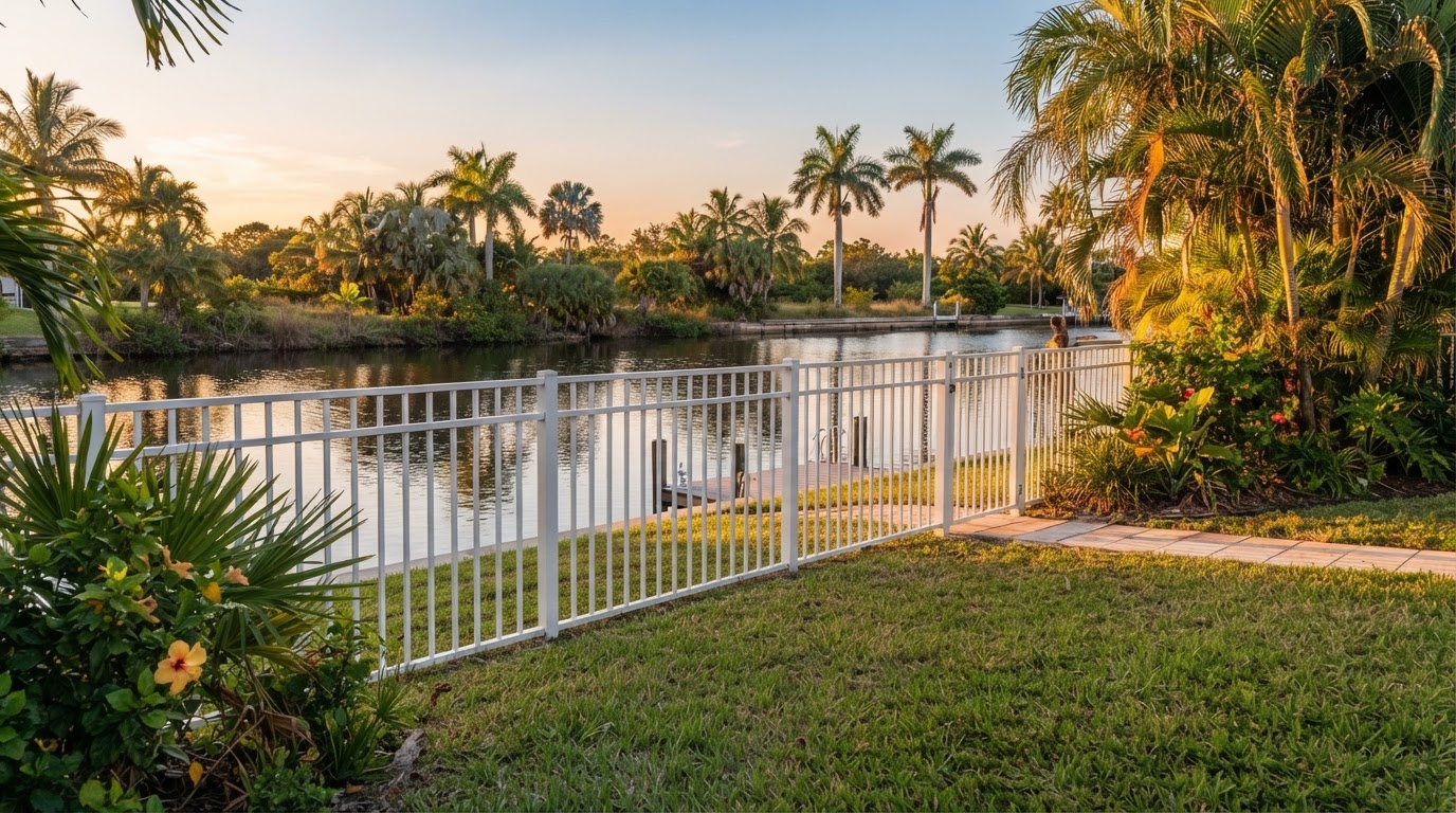 White aluminum picket fence along a canal with palm trees in Southwest Florida