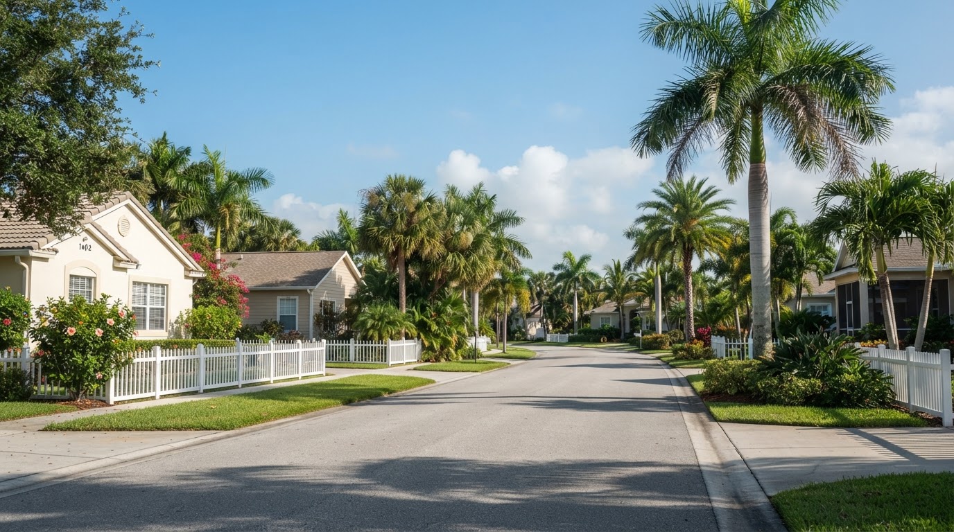 Residential street with fenced front yards in Southwest Florida